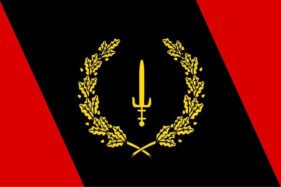 Black and red flag with a gold sword and ring of fig leaves at the center